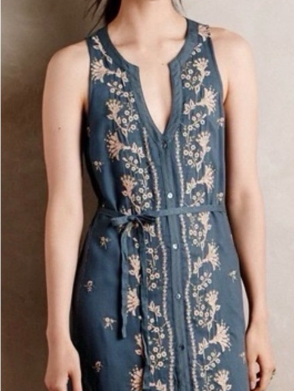 Anthropologie Slate Blue Embroidered Sleeveless Tie-Waist Midi Dress